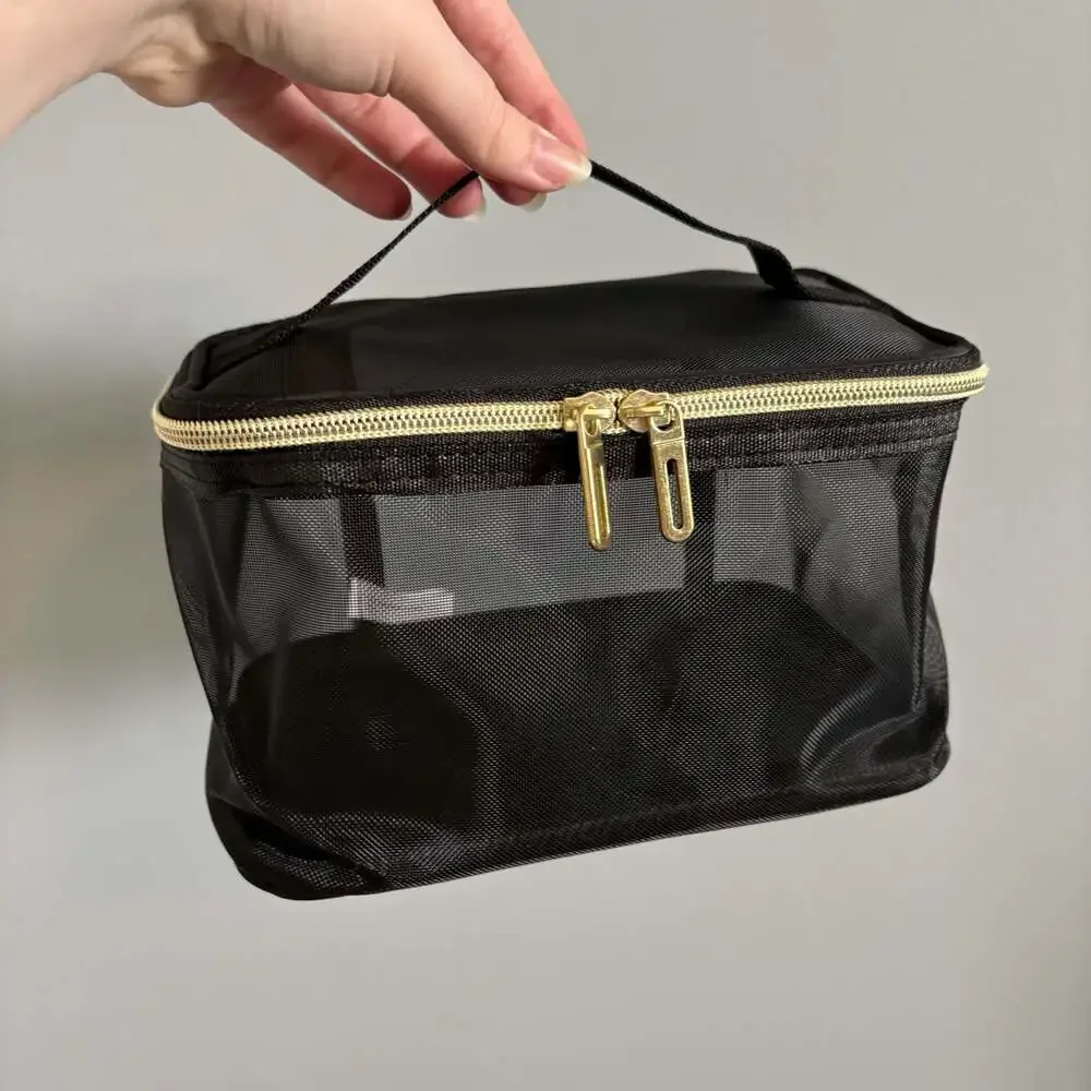 Black Mesh Travel Toiletry and Makeup Organizer Bag with Gold Zipper